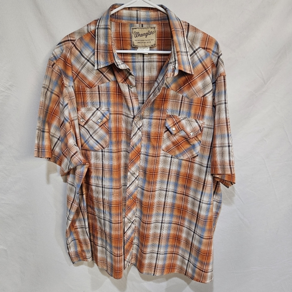 VINTAGE Wrangler Men's 3 XL Orange Plaid Pearl Snaps Western Fashion